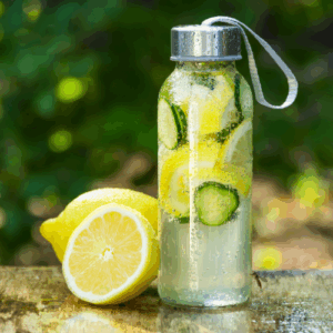 Reusable water bottle with lemon slices—hydration during pregnancy.